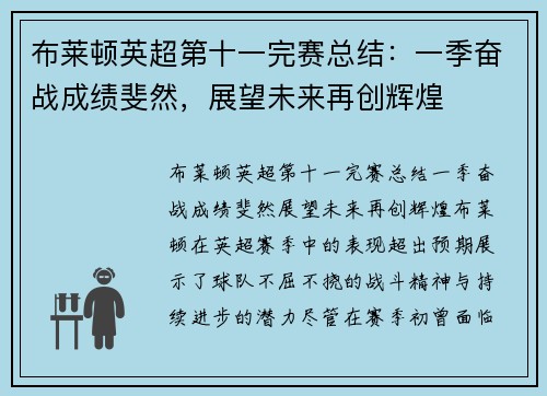 布莱顿英超第十一完赛总结：一季奋战成绩斐然，展望未来再创辉煌